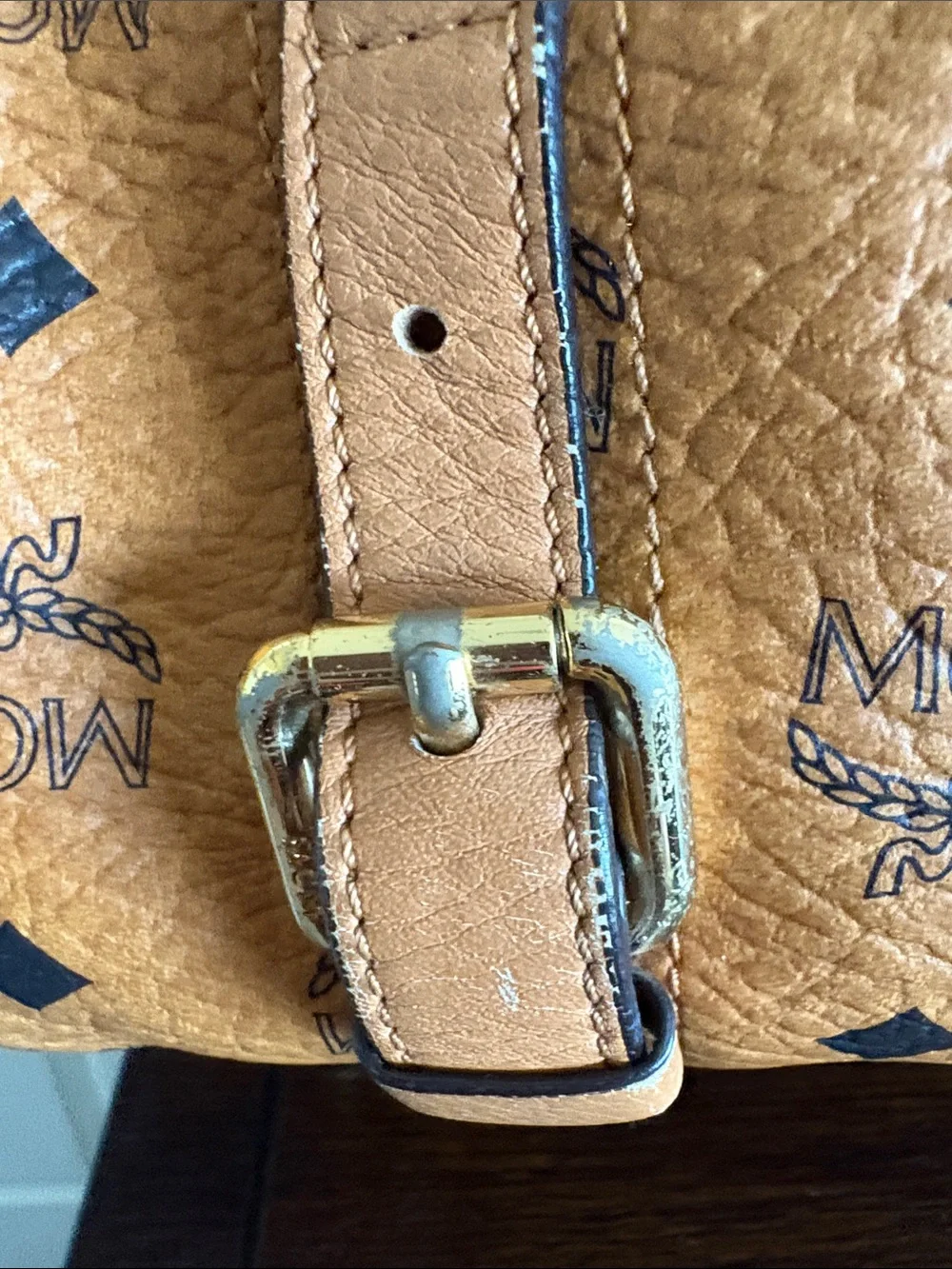 MCM Tan Cognac Logo Visetos Satchel with Gold Hardware